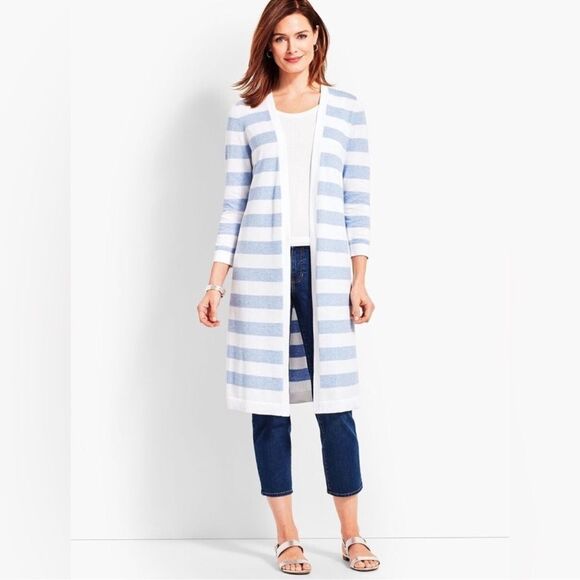 Talbots Striped Blue White Marled Longline Duster Cardigan Pima Cotton Size SP - Picture 1 of 9